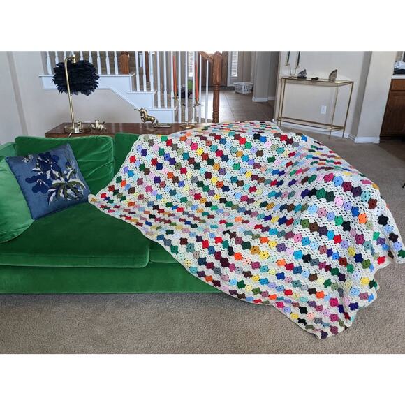 vintage 70s Cream RAINBOW Extra Large CROCHET AFGHAN hand knit blanket handmade - Picture 1 of 8